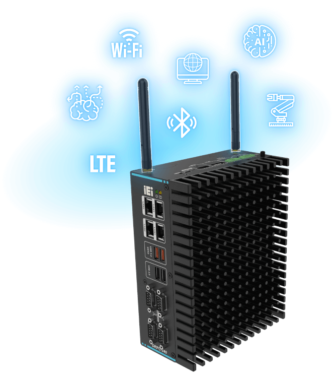 DRPC-240 with two external antennas and icons of LTE, Bluetooth, Wi-Fi, robot, AI, internet and network