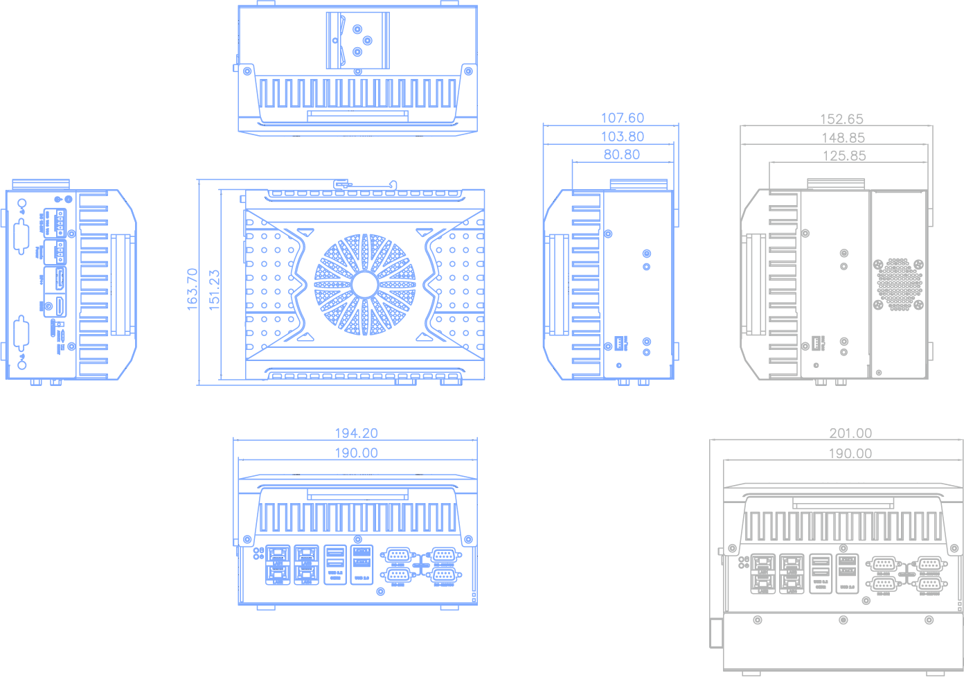 dimension diagram of the DRPC-240 embedded system with external fan kit