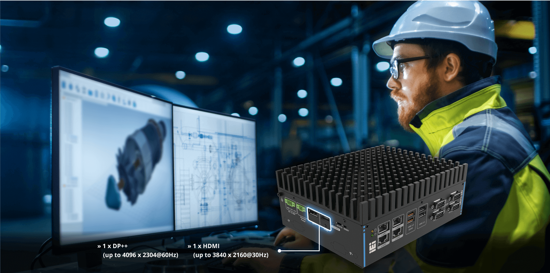 DRPC-240 embedded system with HDMI™ port and DP++ port highlighted