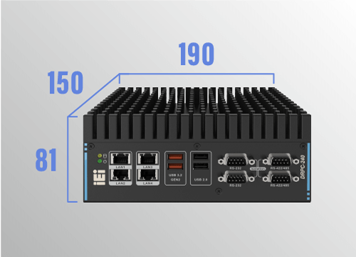 DRPC-240 embedded system marked with dimensions 190mm in length, 150mm in width, 81mm in height