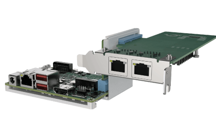 HYPER-EHL 2.5' SBC with an outwards-facing riser card for two PCIe 3.0 x2 expansions
