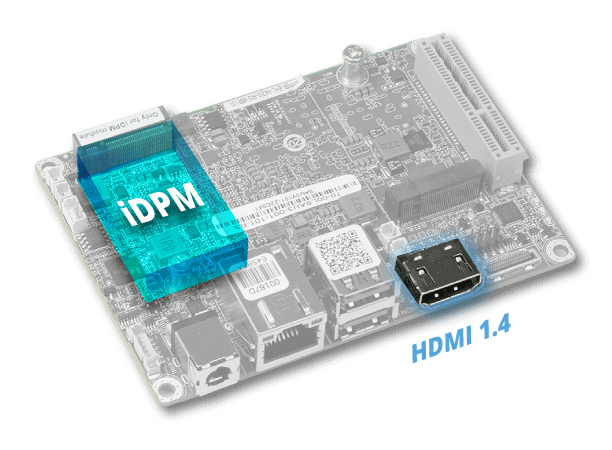 HYPER-EHL 2.5' motherboard with its two display interfaces highlighted - iDPM slot and HDMI™ 1.4