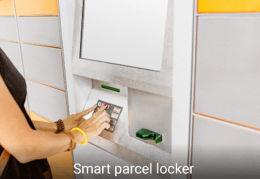 a person pressing buttons on the control panel of a smart parcel locker
