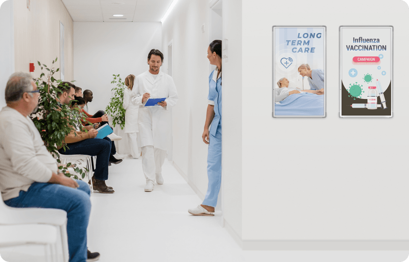 ePaper notices in a hospital corridor
