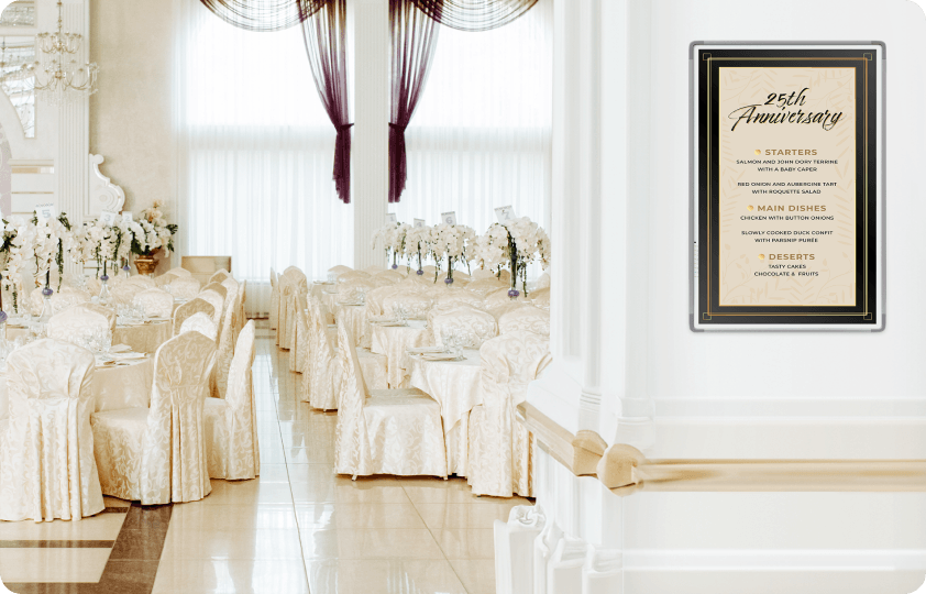 Event menu display in a banquet hall
