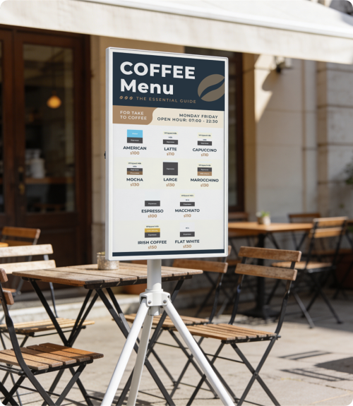 Cafe menu signage on tripod stand
