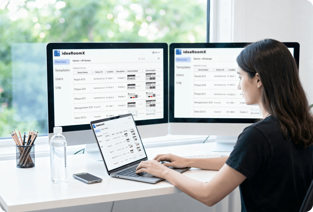 Designer using ideaRoomX drag-and-drop tools on dual monitors