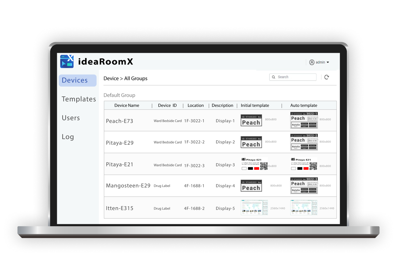 ideaRoomX device management on a laptop