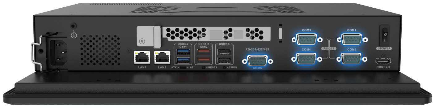 I/O panel of the PPC2-ADL series panel PC with 5 serial ports / COM ports highlighted