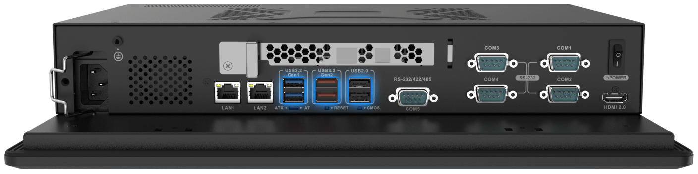 I/O panel of the PPC2-ADL series panel PC with 6 USB ports highlighted