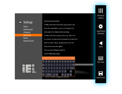 touchable BIOS menu of IEI panel PC, with function keys on the side