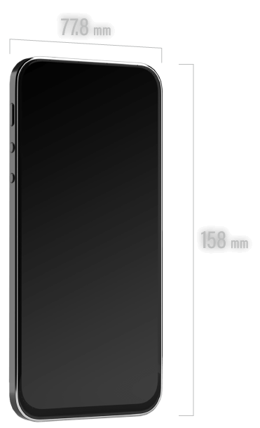 a smart phone marked with size 77.8mm by 158mm