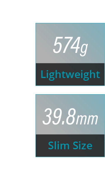 two blocks with text saying TANGO-3010 is light and slim only 574g and 39.8mm in height