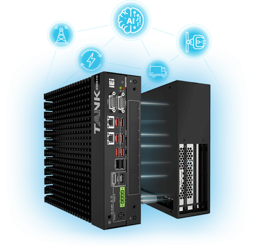 Industrial system with its modular expansion chassis and five icons of telecom, AI, transportation, robot and power