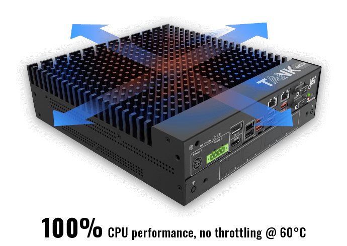 Four arrows towards four different direction showing the heat dissipation direction of the external heatsink of the TANK-XM810