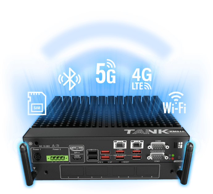 TANK-XM810 edge AI inference system installed with two external antennas. 5G 4G Bluetooth wifi SIM icons on top of it