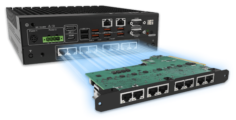 A PoE LAN module with eight PoE ports is installing into the TANK-XM810 embedded system