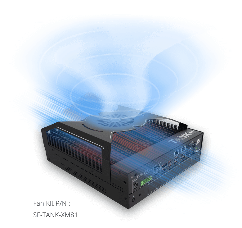 TANK-XM811 embedded system with external fan kit creating wind turbulence to transfer system heat