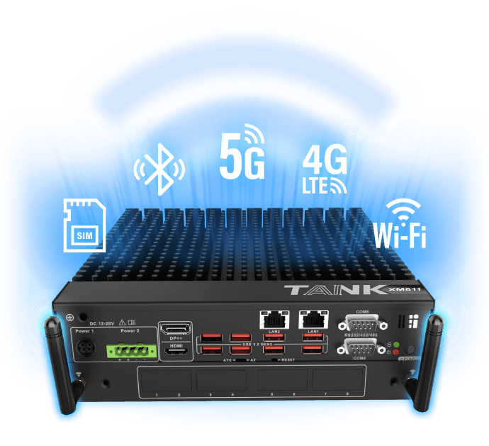 TANK-XM811 edge AI inference system installed with two external antennas. 5G 4G Bluetooth wifi SIM icons on top of it