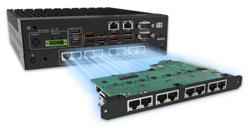 A PoE LAN module with eight PoE ports is installing into the TANK-XM810 embedded system