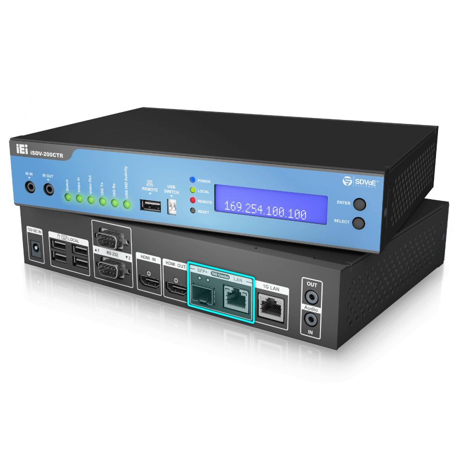 Front and rear looks of iSDV-200CTR 4K HDR SDVoE IP combo transceiver