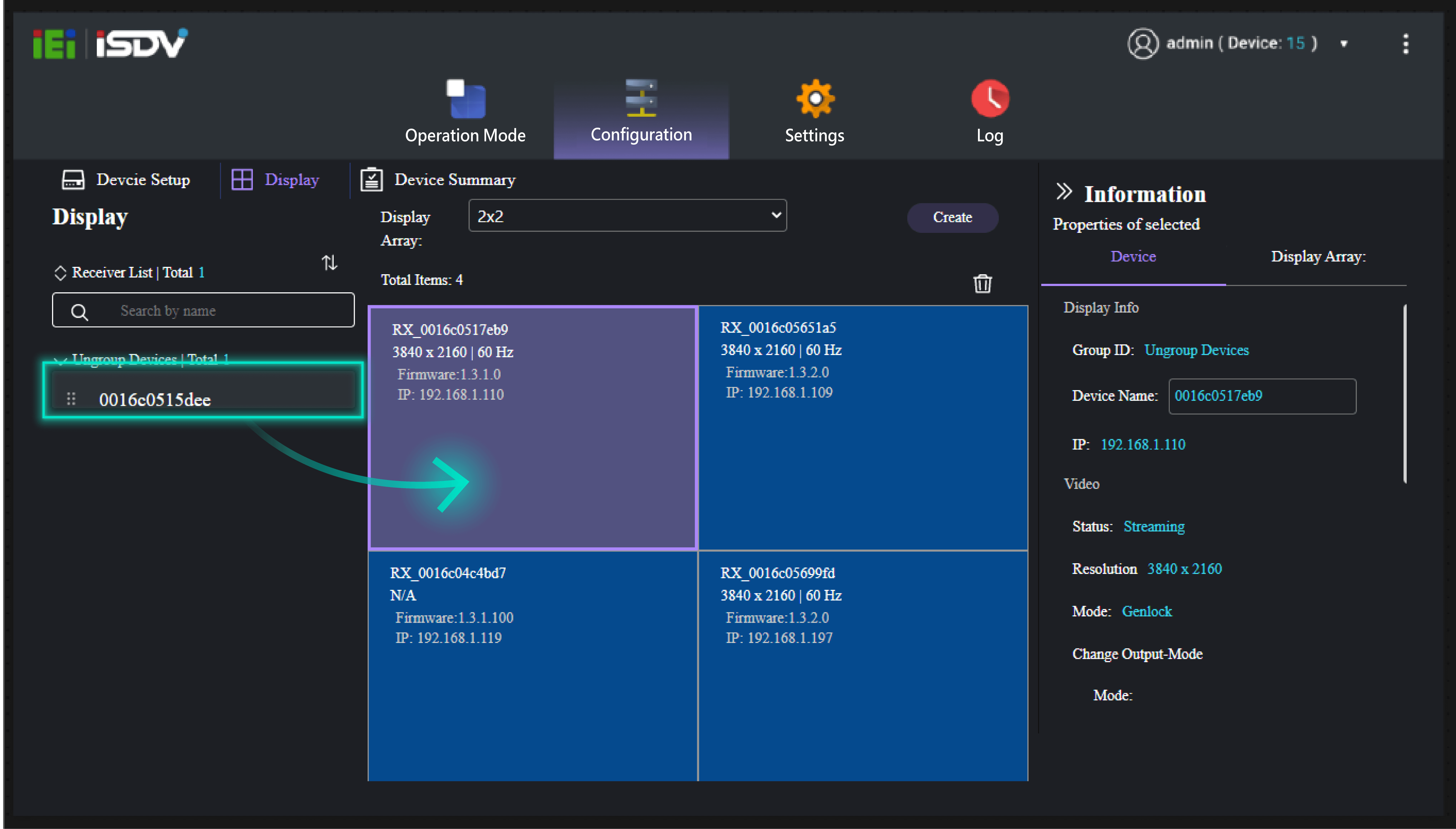 A screenshot of the iSDV software showing it is easy to arrange receivers from the device list onto the display layout