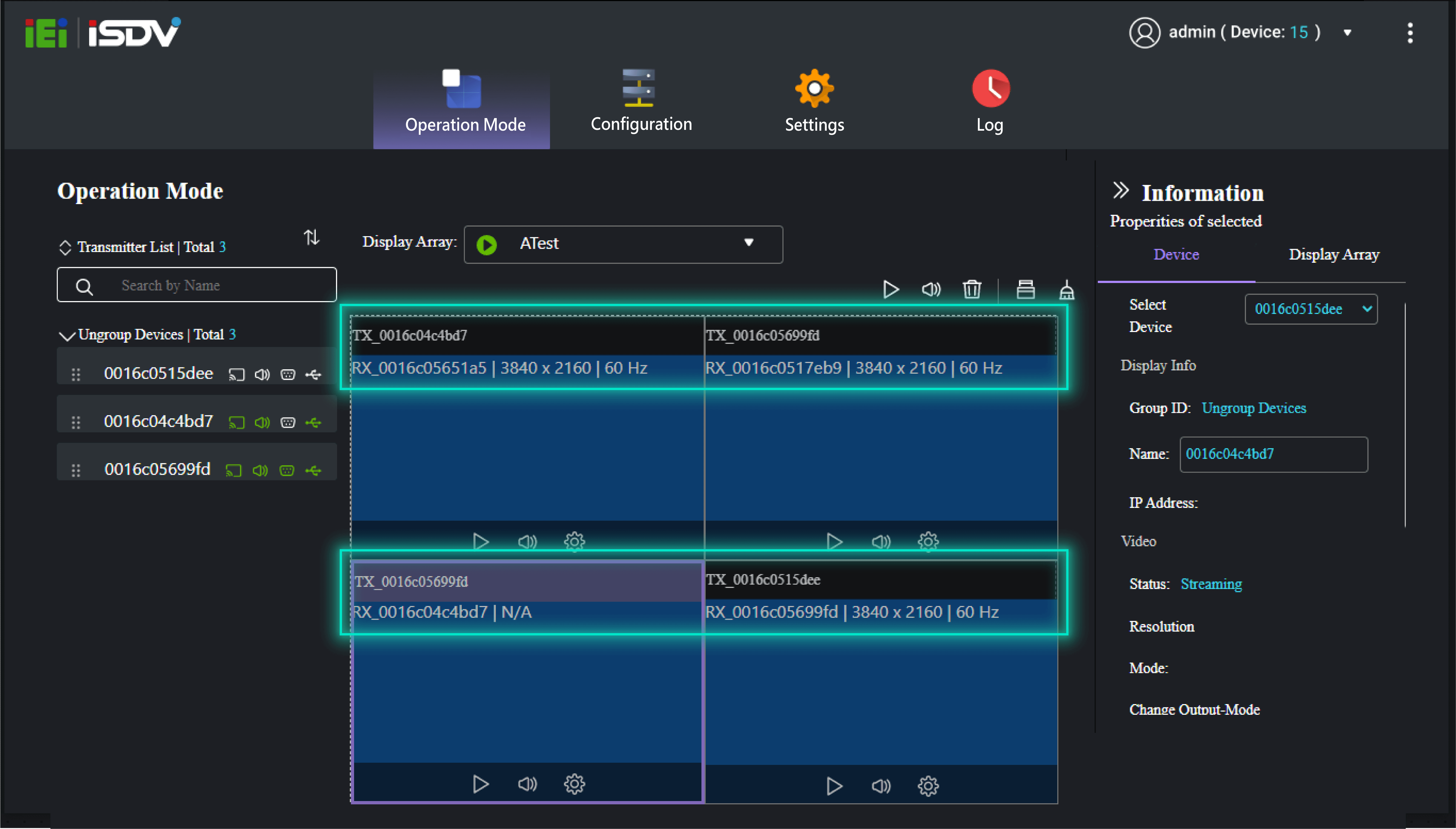 A screenshot of the iSDV software showing each receiver is assigned with a transmitter for content display