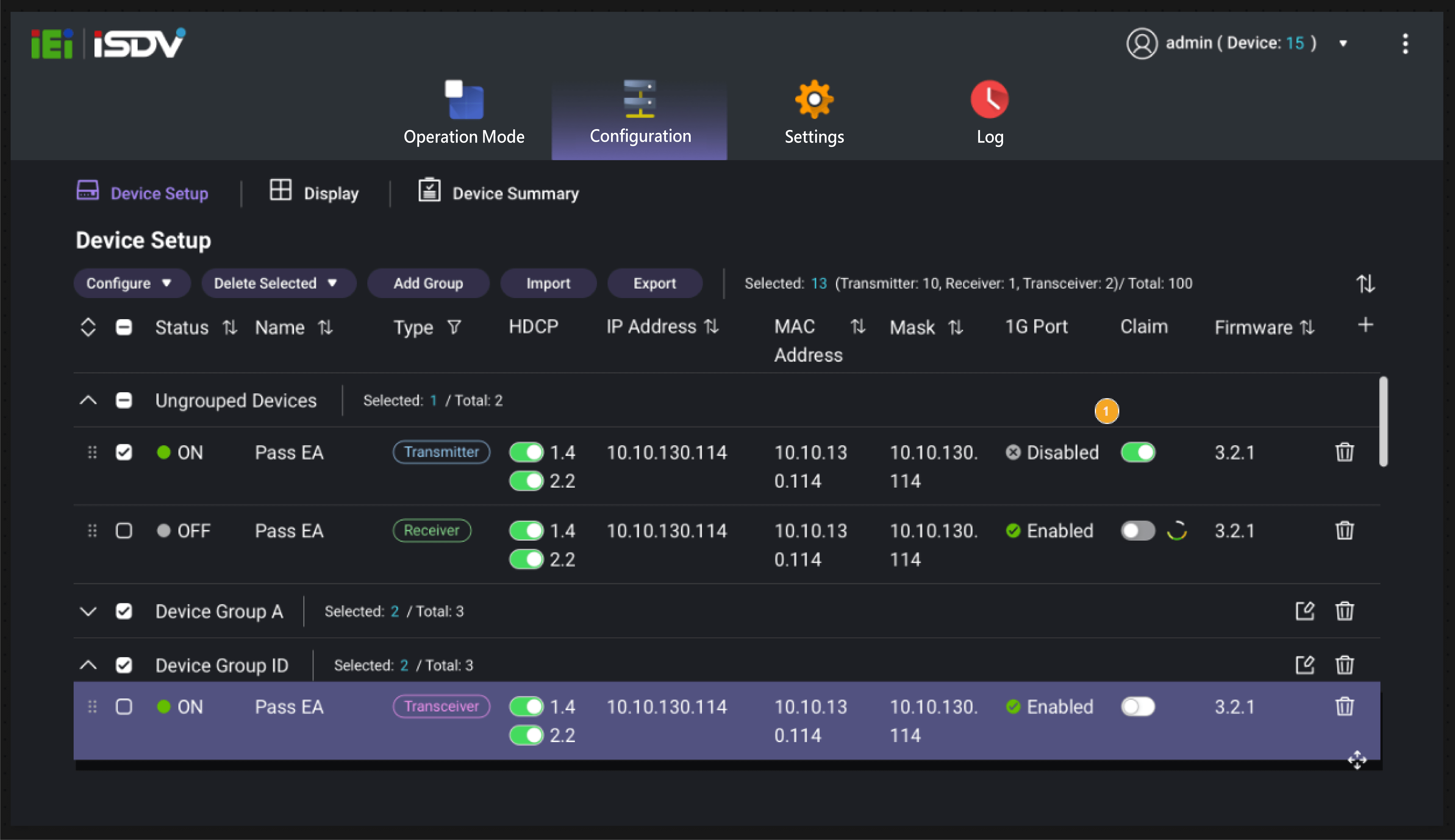 A screenshot of the configuration section in iSDV software