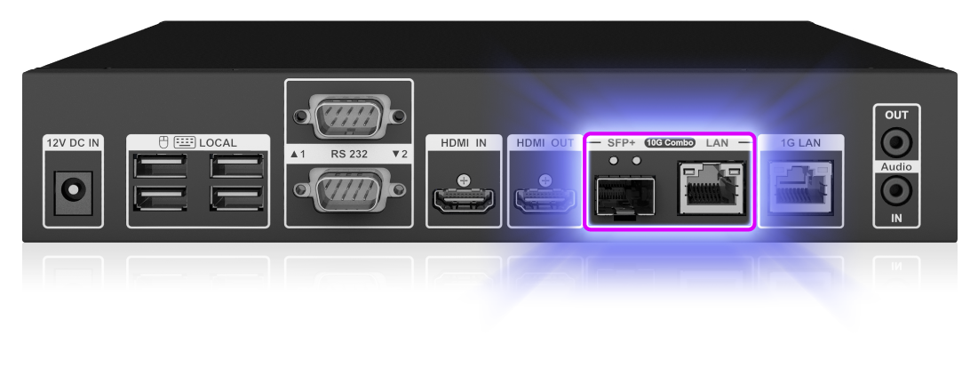 IO panel of the iSDV-200CTR with the 10GbE SFP+ and copper ports highlighted