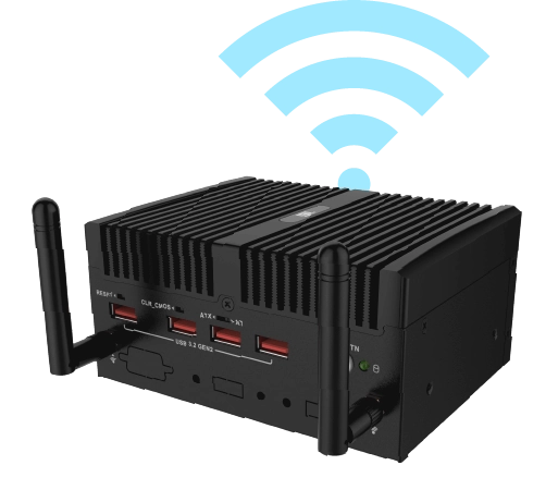 uIBX-260 compact box PC installed with two external antennas for WIFI 6E connection