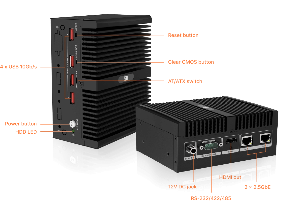 two different views of uIBX-260, showing its rich IO interfaces