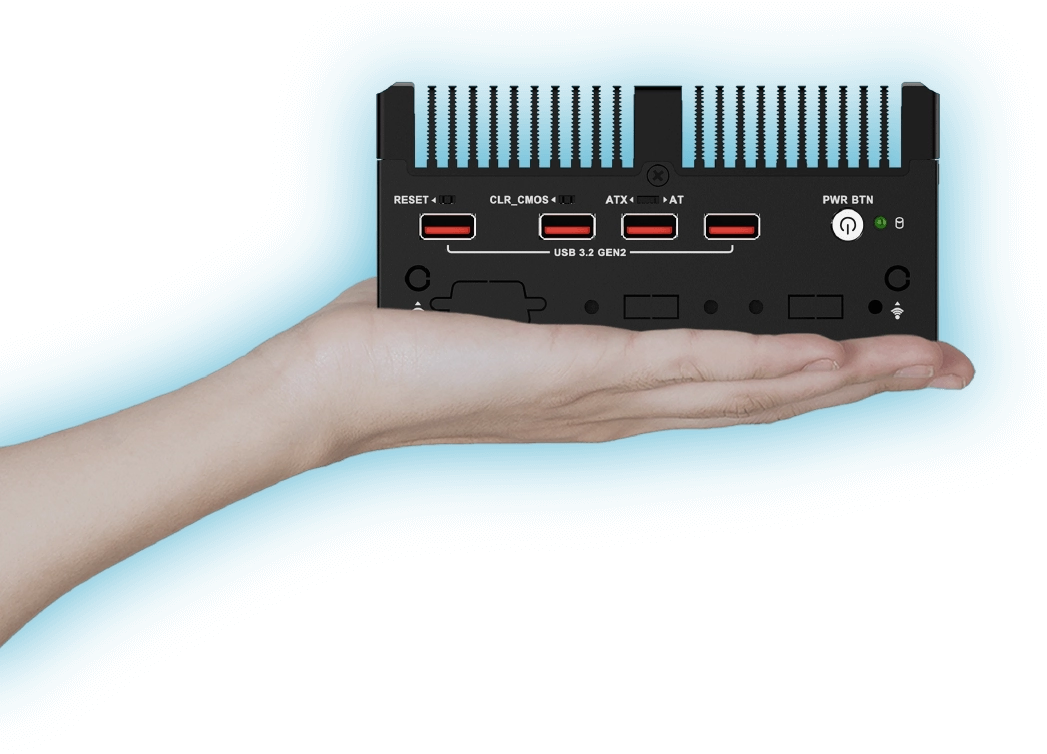 uIBX-260 mini box PC placed on a hand palm