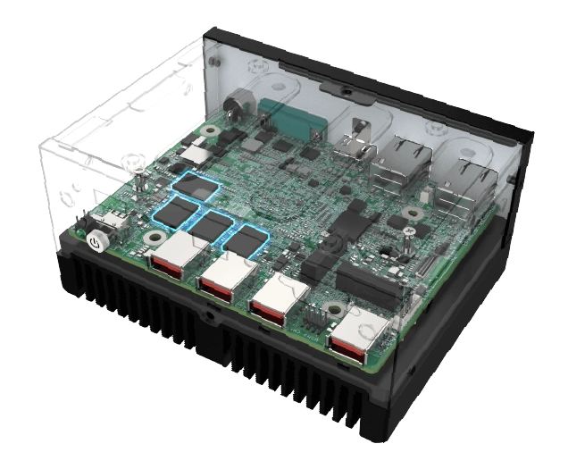 Internal view of the uIBX-260 fanless embedded system with the onboard  LPDDR4x highlighted