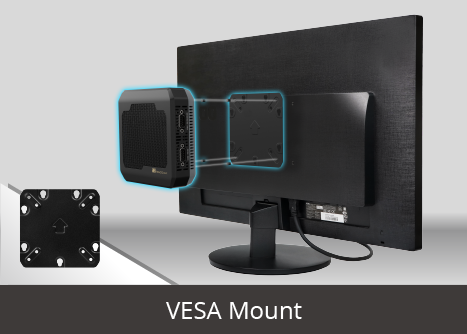 TANGO-3010 mini PC mounting on the rear of a monitor by a VESA mount kit